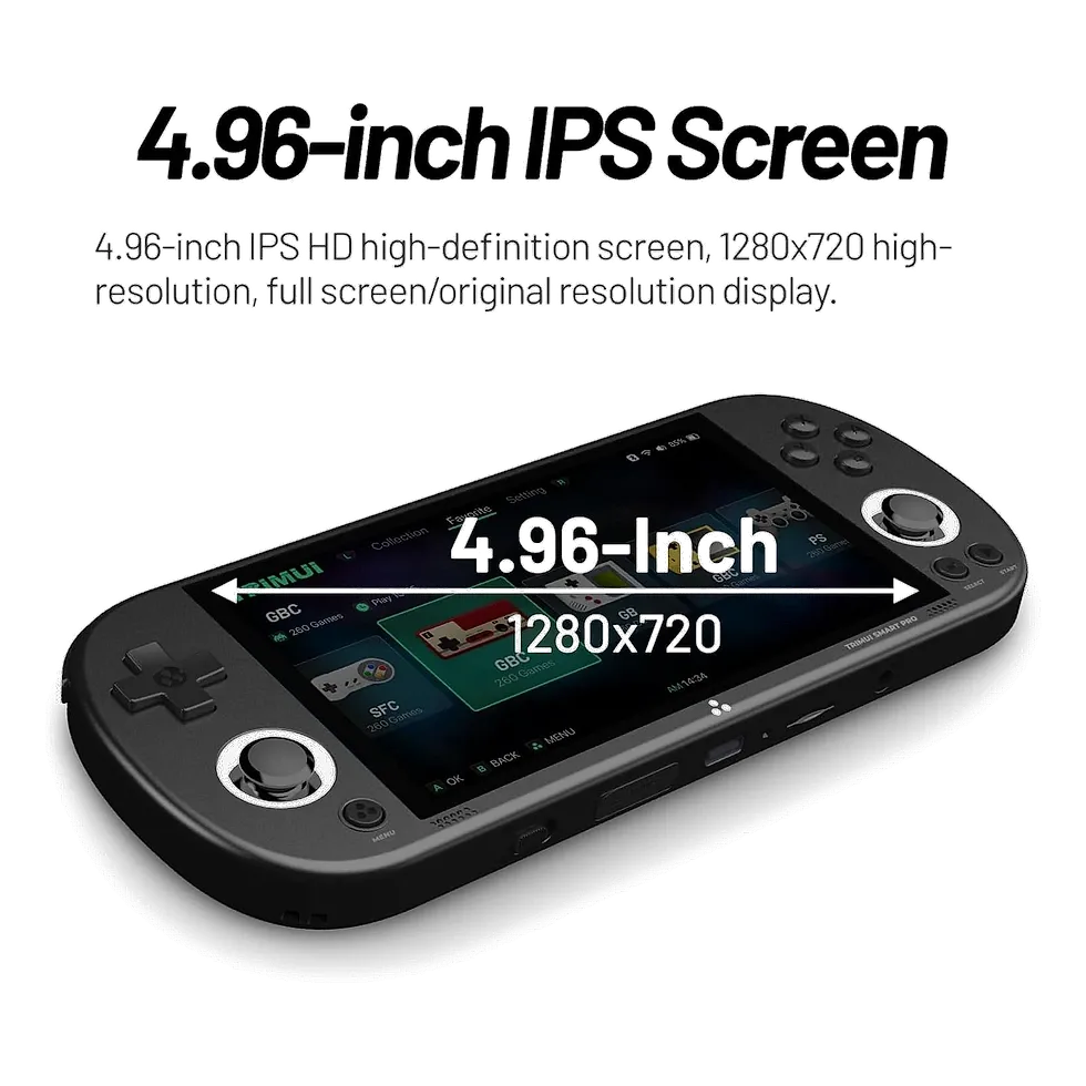 TRIMUI Smart Pro com tela IPS de 4,96 polegadas exibindo menu de emuladores e joysticks duplos