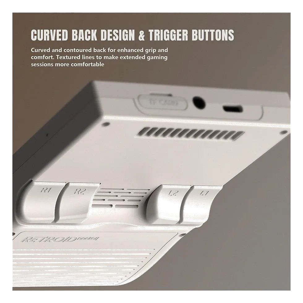 Detalhe do design traseiro e dos gatilhos do Retroid Pocket Classic com grip texturizado