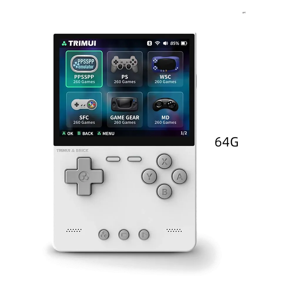 TRIMUI Brick branco com tela exibindo menu de emuladores de PS1, SNES e Mega Drive