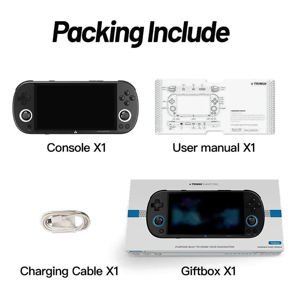 TRIMUI Smart Pro preto com itens do kit: cabo, manual e caixa original