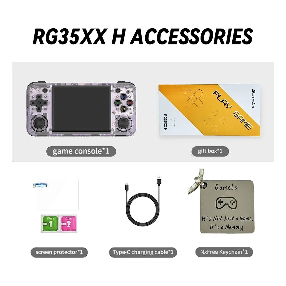 Anbernic RG35XX H roxo transparente com kit de acessórios inclusos na caixa