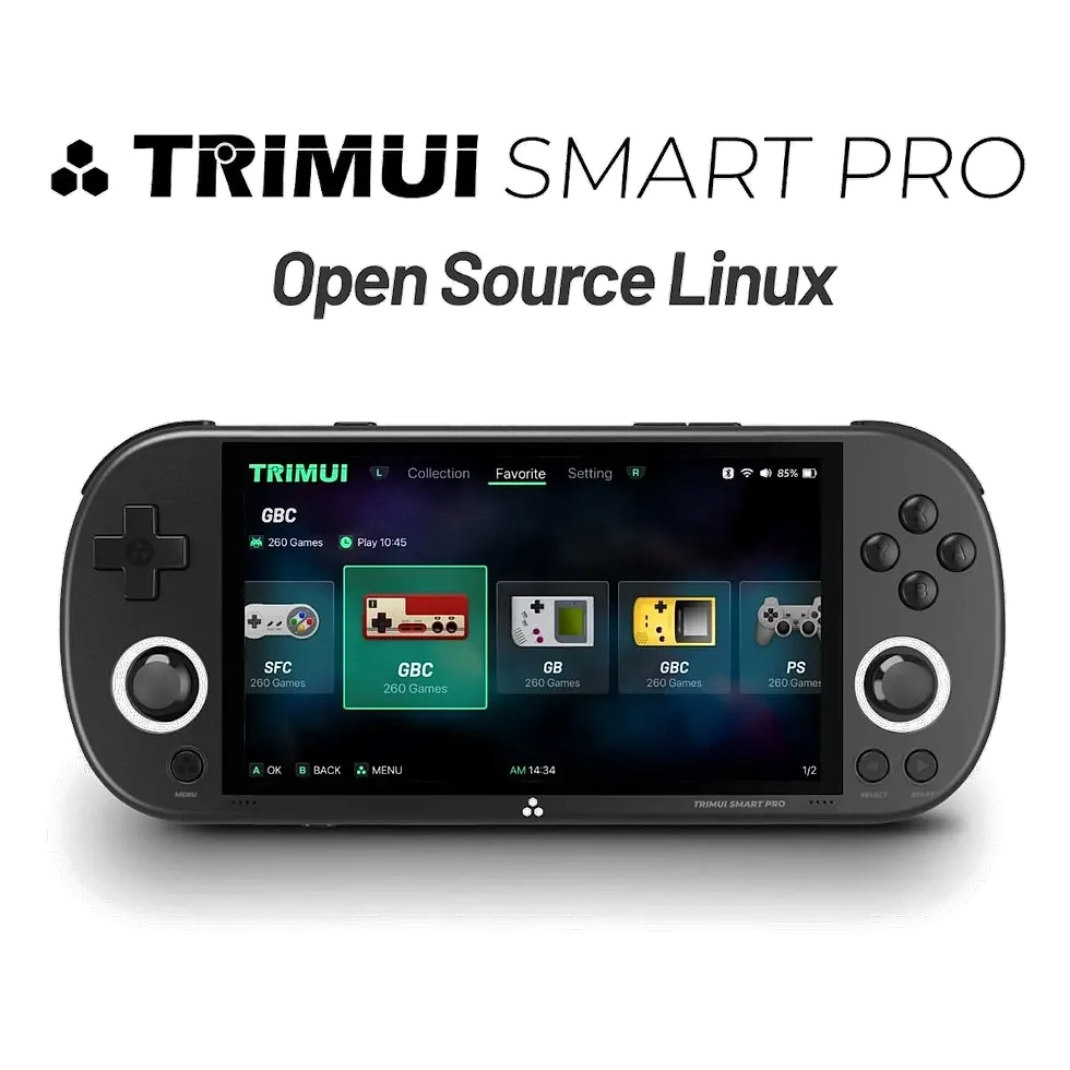 TRIMUI Smart Pro com tela IPS de 4,96 polegadas exibindo menu de jogos