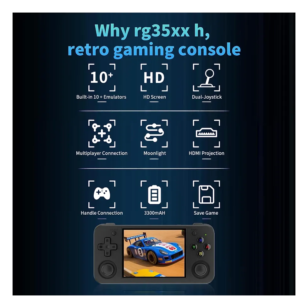 Anbernic RG35XX H preto com joystick duplo exibindo menu de sistemas emulados