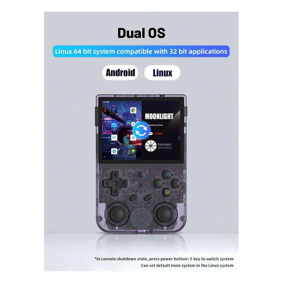Anbernic RG353V roxo translúcido com joystick duplo e selo de sistema dual Android e Linux