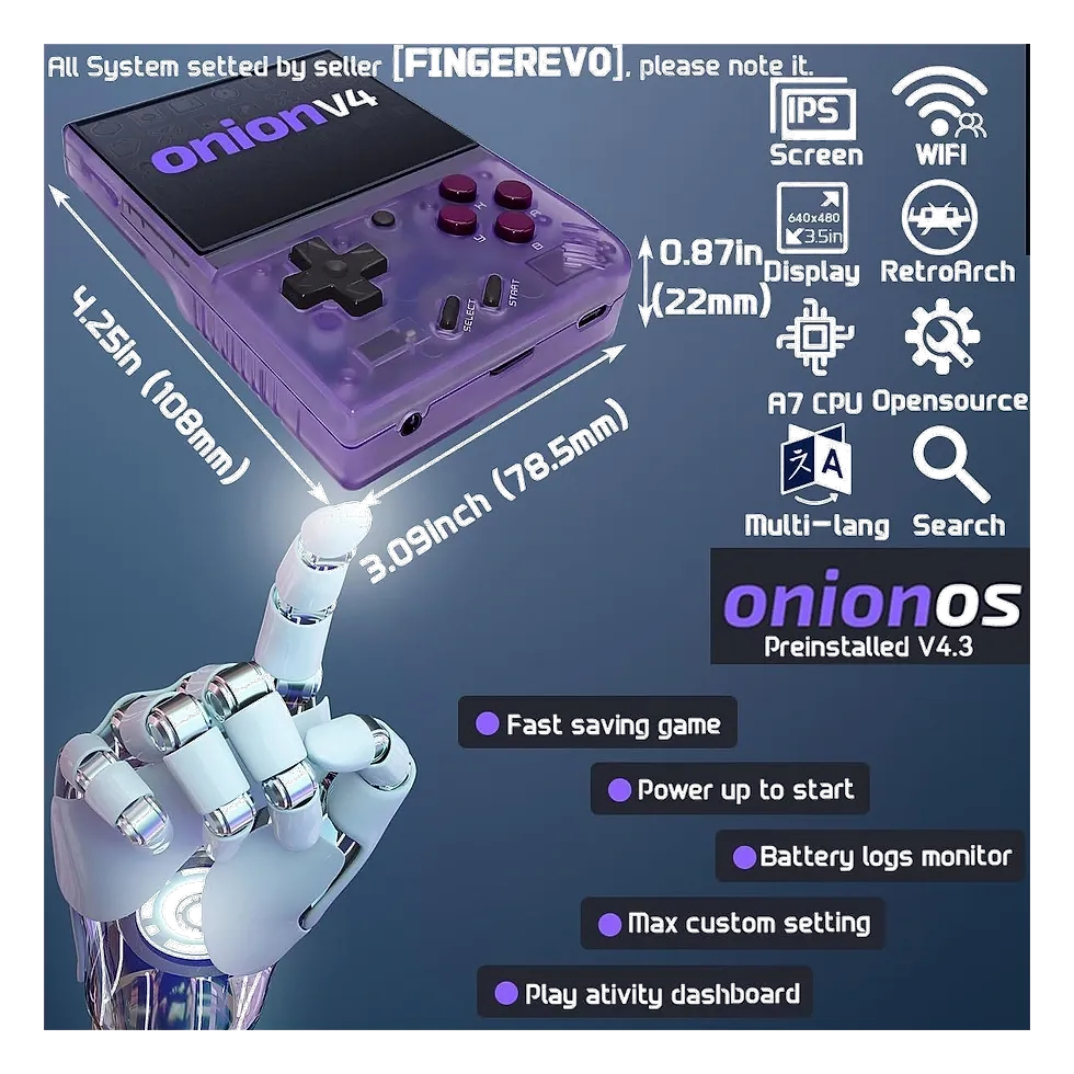 Miyoo Mini Plus roxo translúcido com tela IPS compacta e firmware OnionOS