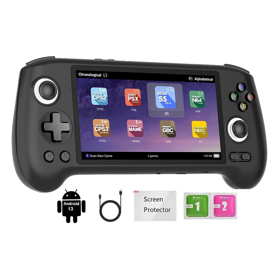 Anbernic RG556 preto com tela AMOLED grande exibindo menu de emuladores