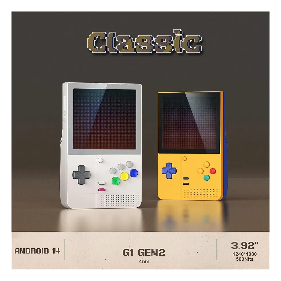 Retroid Pocket Classic em duas cores lado a lado com design compacto estilo Game Boy