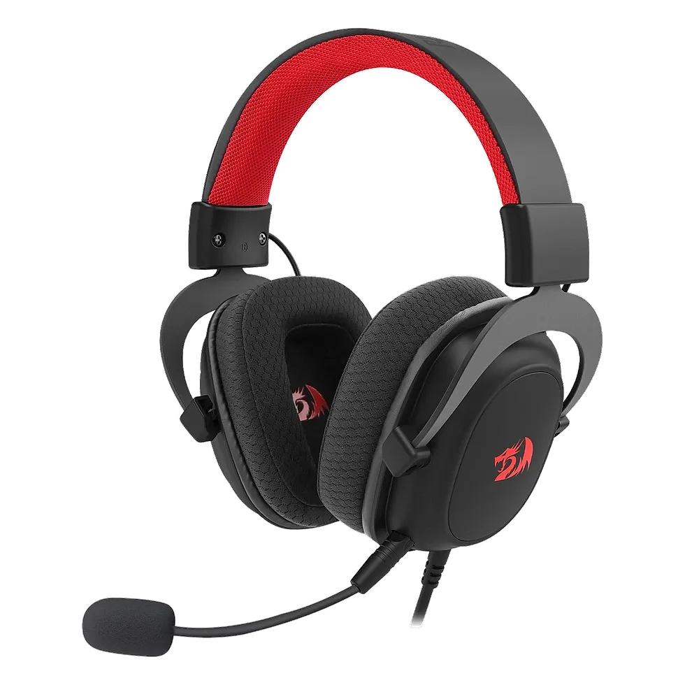 Headset gamer Redragon Zeus preto com headband vermelho e microfone destacável