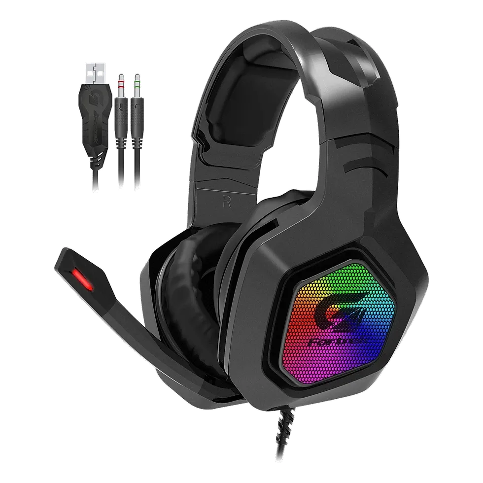 Headset gamer Fortrek Black Hawk preto com iluminação RGB na concha e cabo USB e P2