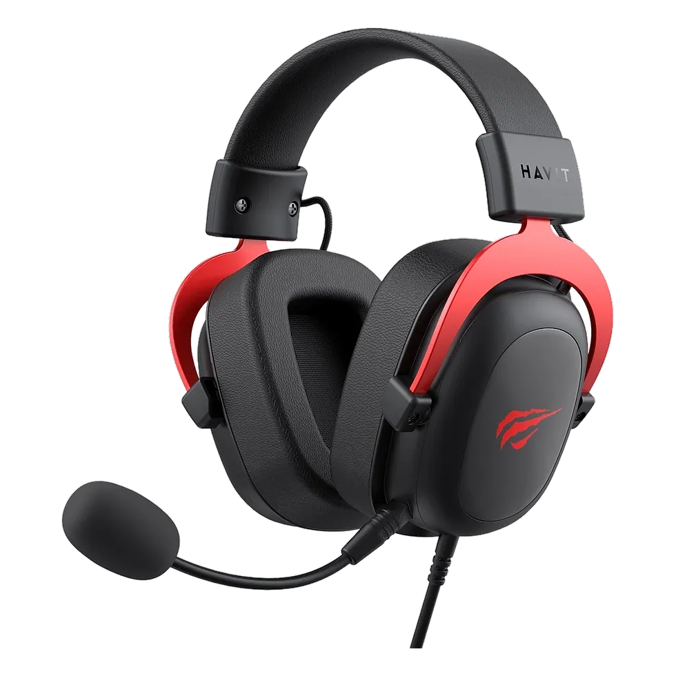 Headset gamer Havit H2002d preto com detalhes vermelhos e microfone destacável