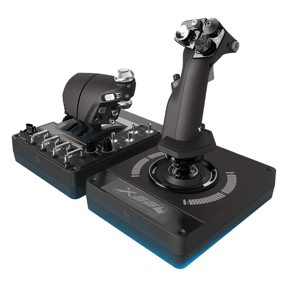Logitech X56 HOTAS RGB preto com manche e acelerador lado a lado