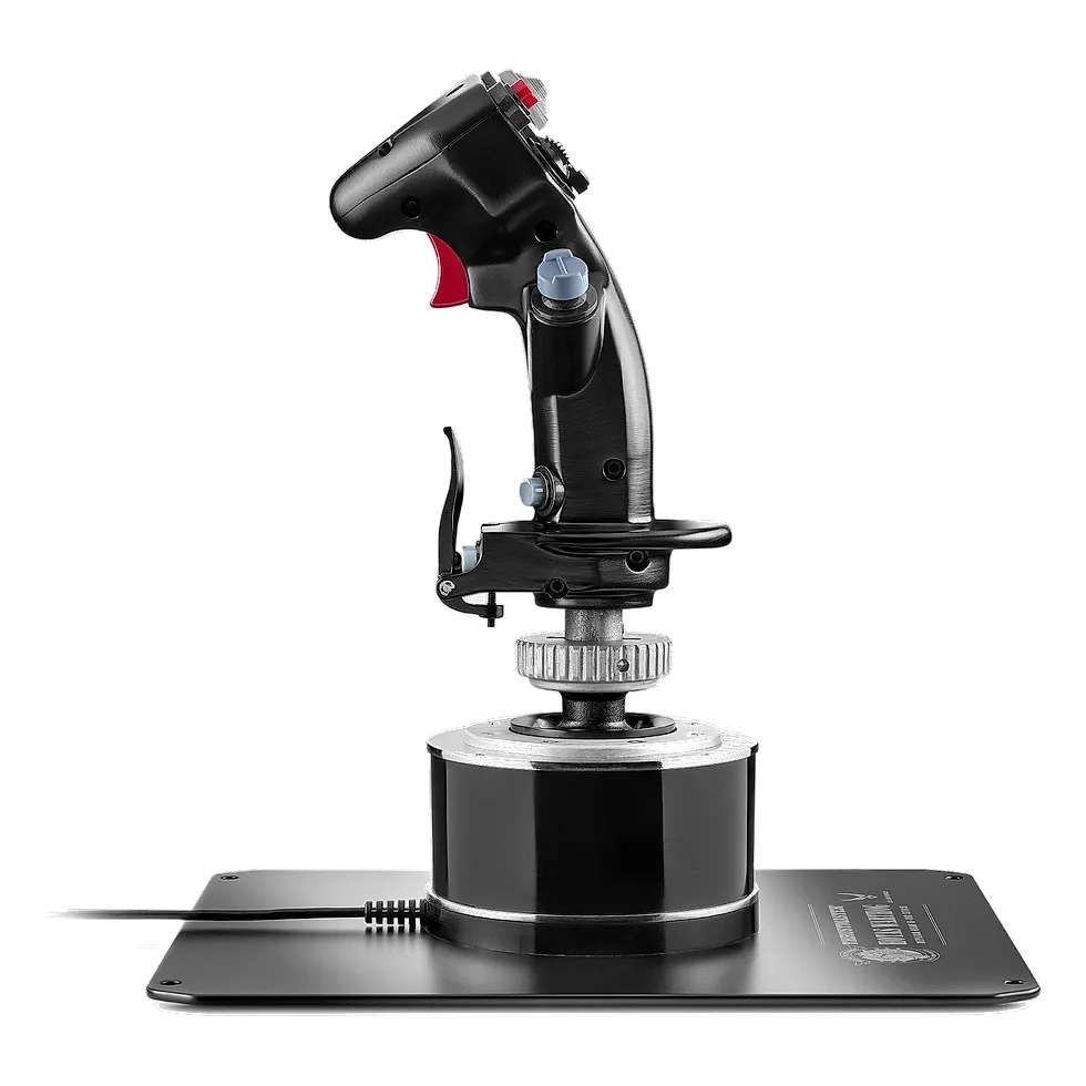 Thrustmaster HOTAS Warthog em metal preto sobre base plana com placa de identificação