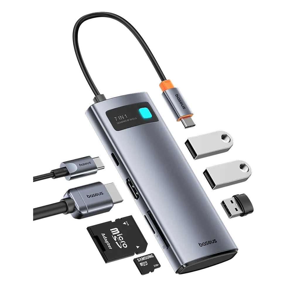 Baseus hub USB-C sete em um com HDMI, leitor de cartão e múltiplas portas USB-A