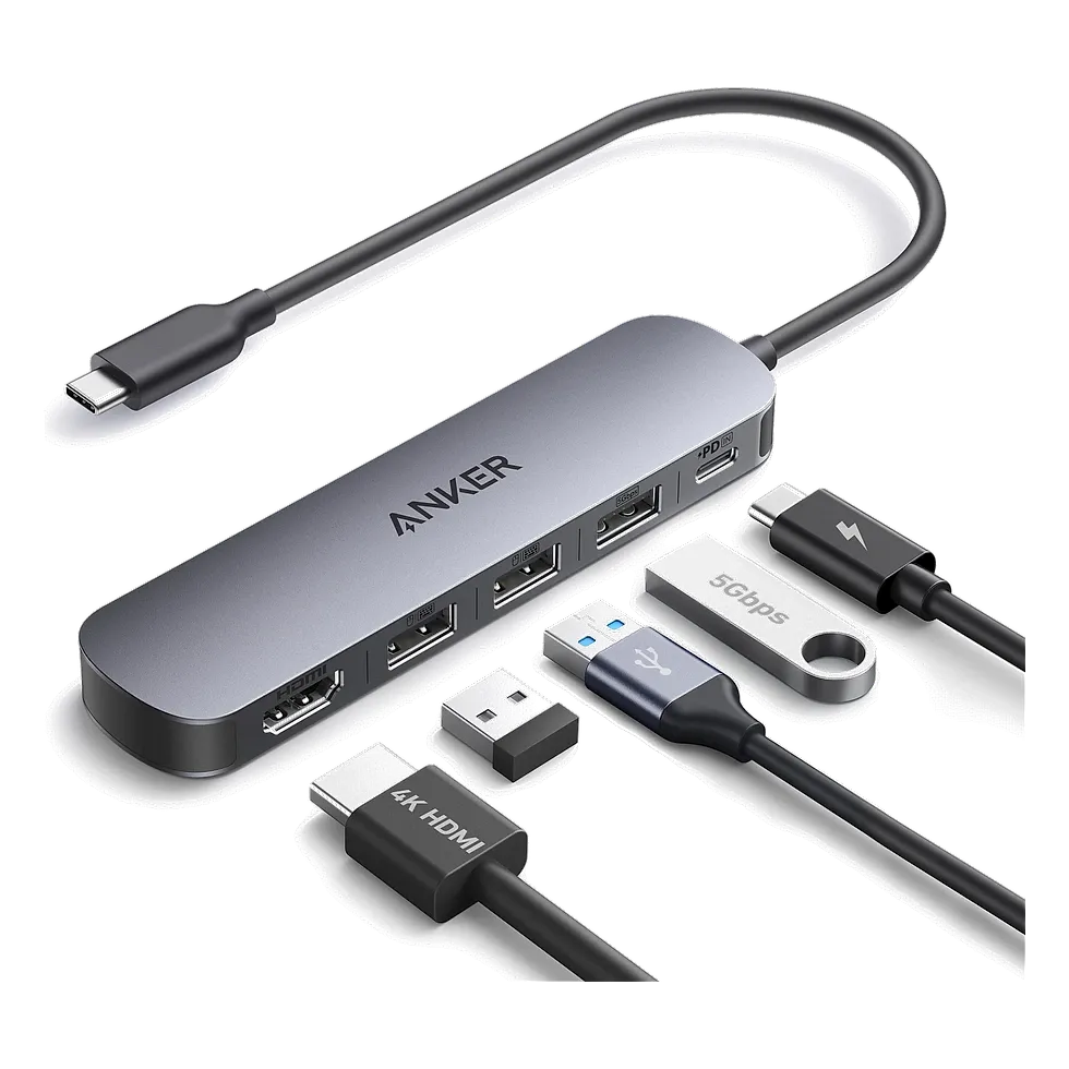 Anker hub USB-C fino e portátil com portas HDMI e USB-A visíveis