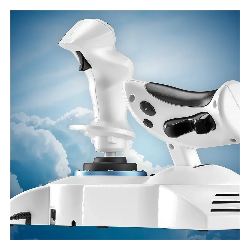 Close-up do Thrustmaster T.Flight Hotas 5 MSFS Edition branco, com os botões R2 e L2 do acelerador em destaque
