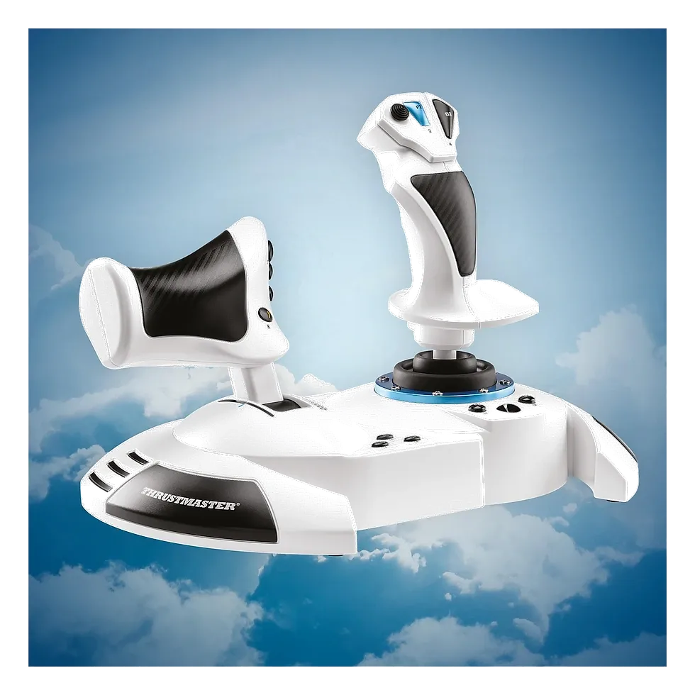 Thrustmaster T-Flight Hotas One branco flutuando sobre fundo de céu com nuvens