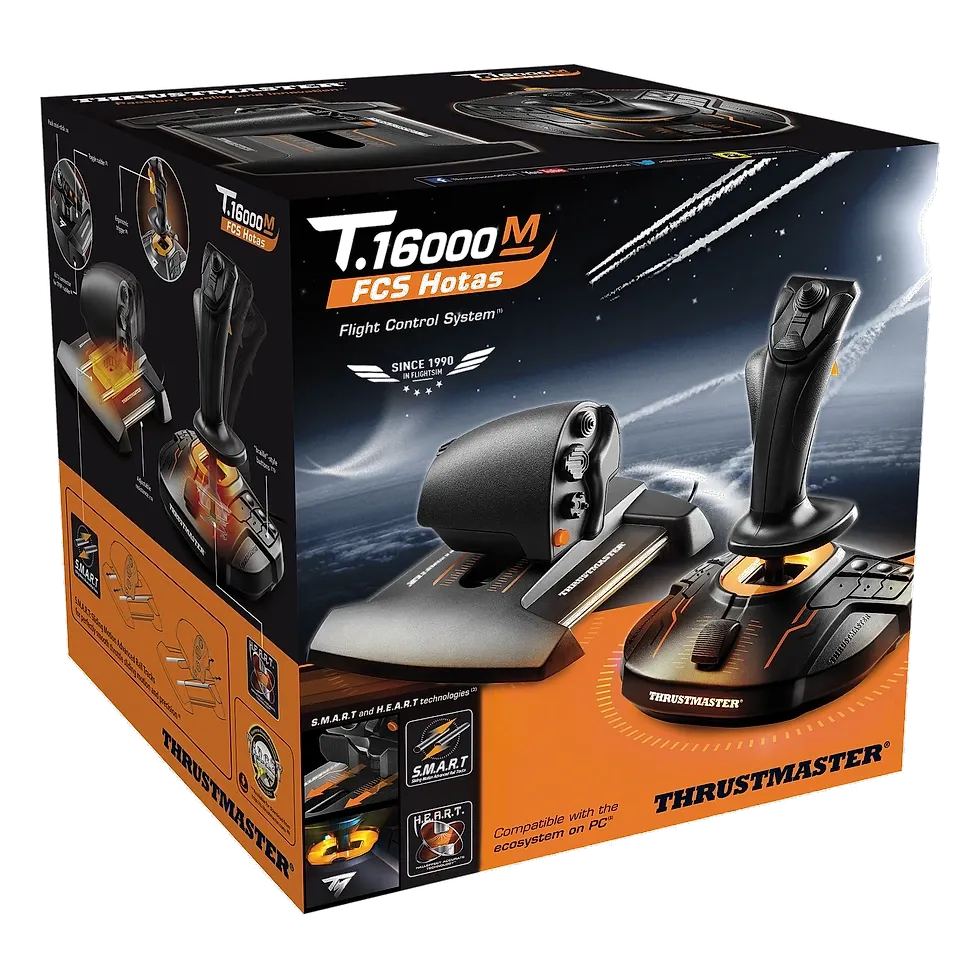 Caixa do Thrustmaster T.16000M FCS Hotas mostrando o manche e o acelerador do conjunto