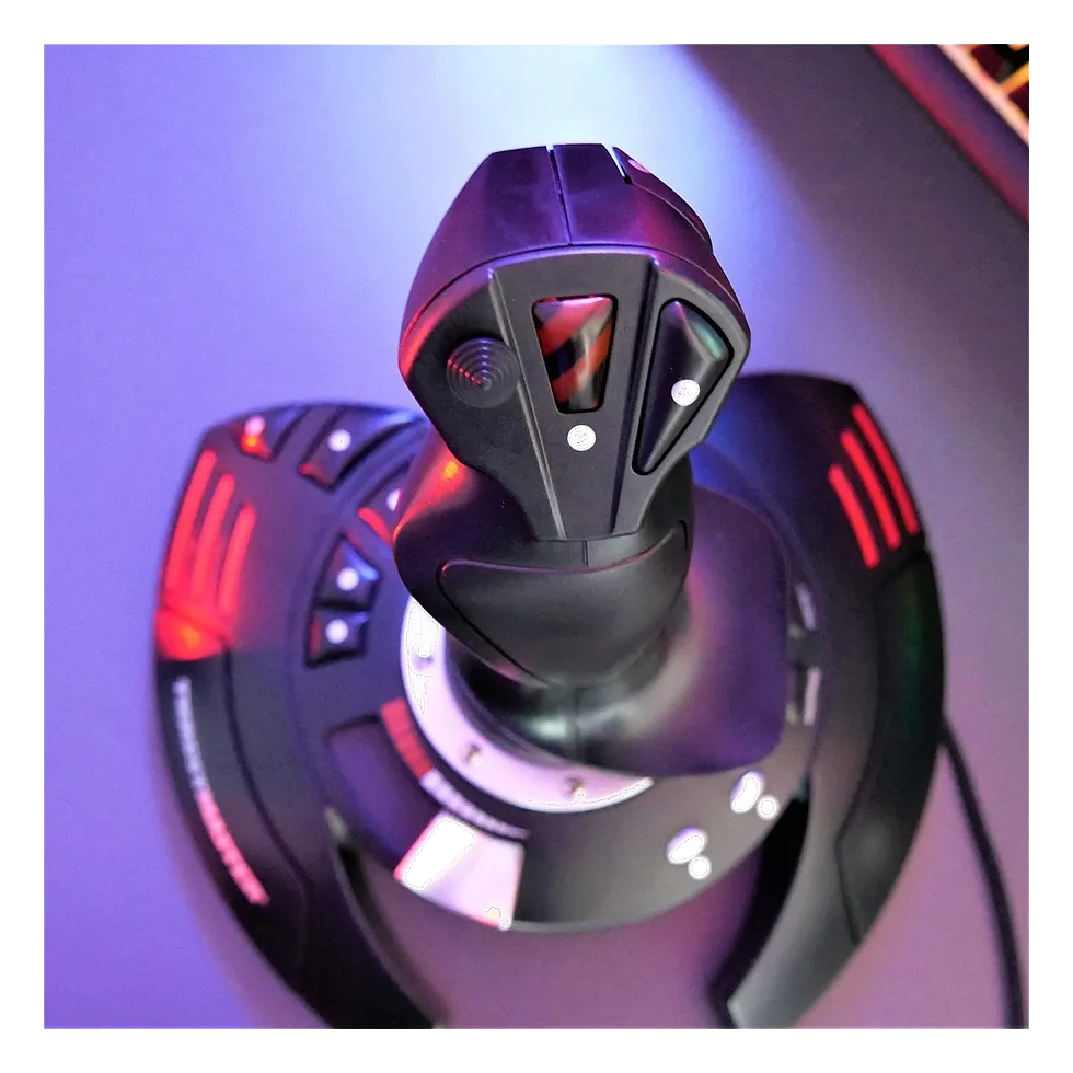 Vista de cima do Thrustmaster T.Flight Stick X com iluminação roxa e botões do manche