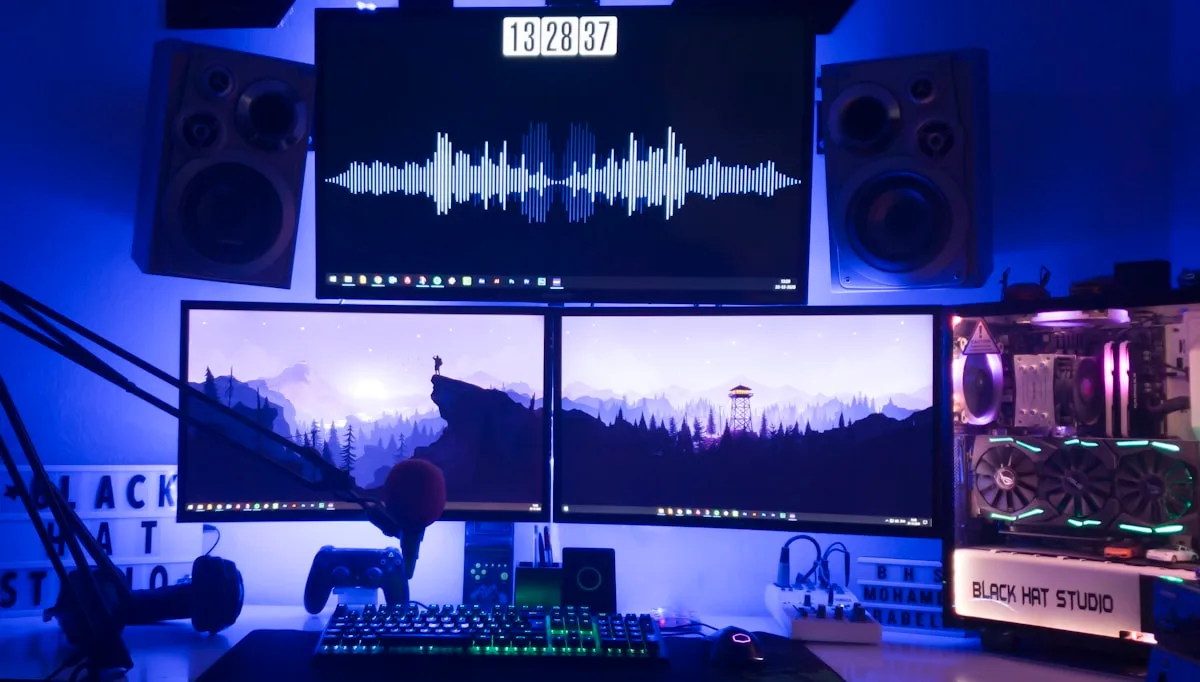 Setup gamer com dois monitores lado a lado, PC com iluminação RGB e microfone de mesa