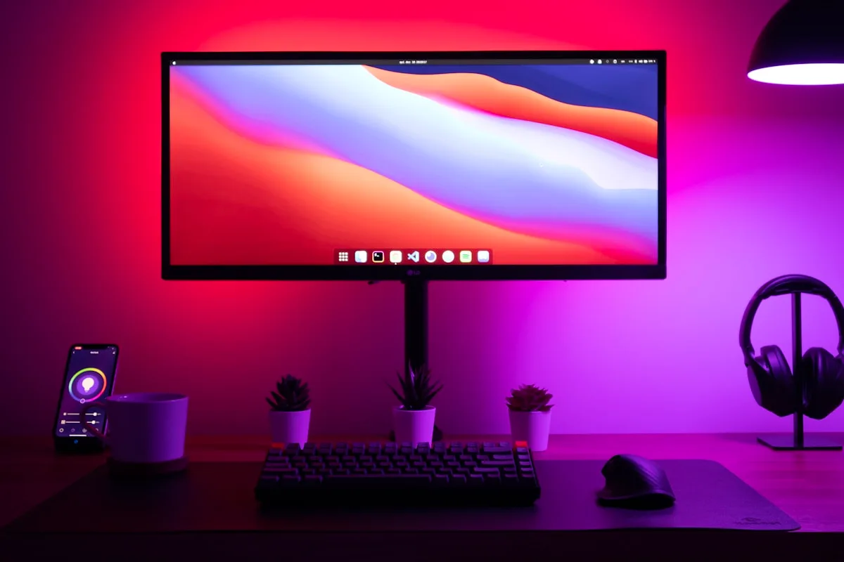 Monitor ultrawide com luz de fundo vermelha e roxa acesa na parede em ambiente escuro