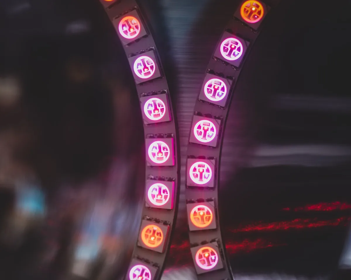 Close-up de chips de LED RGB em fita dobrada em V, acesos em tons de vermelho, rosa e laranja