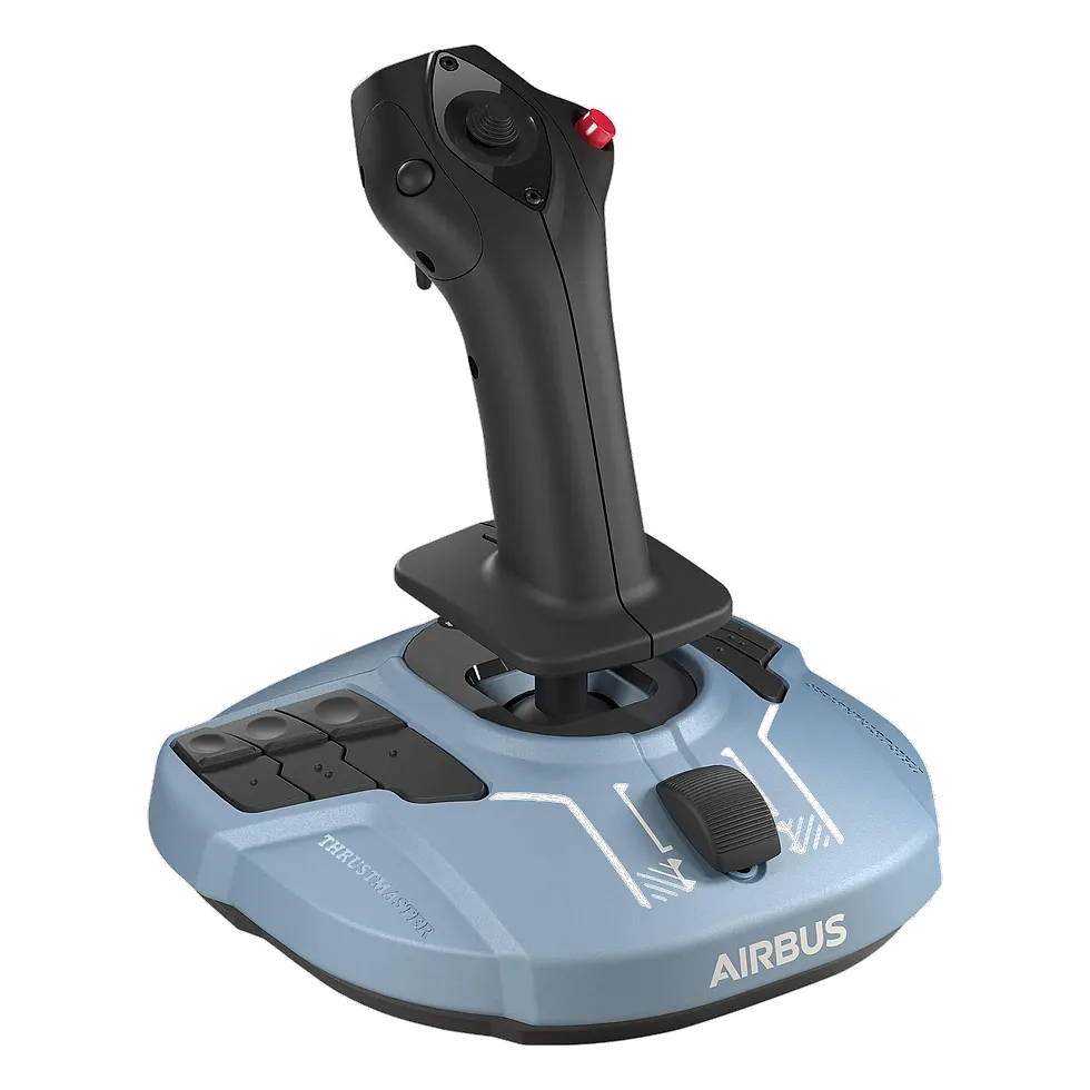 Thrustmaster TCA Sidestick Airbus Edition cinza e azul com formato angular do sidestick real