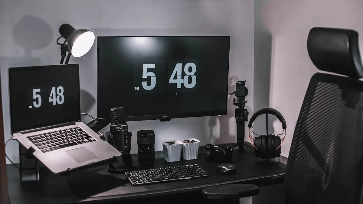 Mesa de home office com notebook em suporte elevado, monitor e microfone organizados