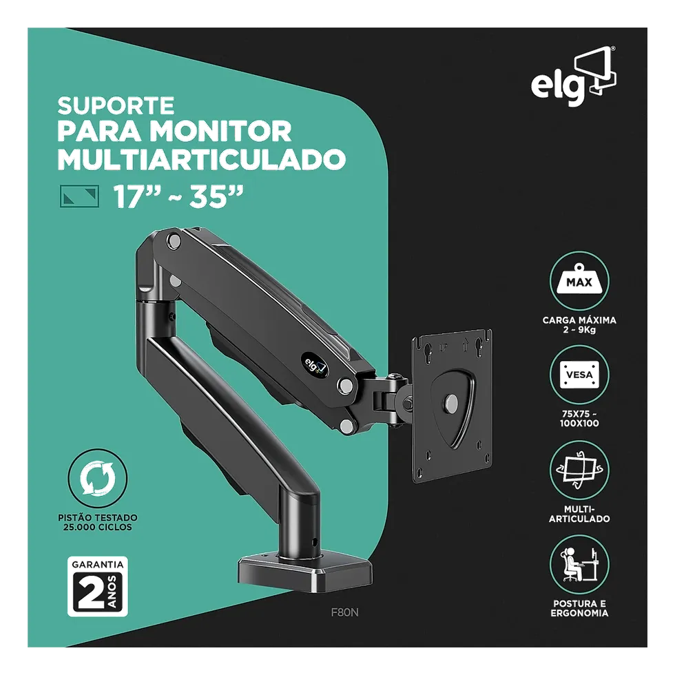 ELG F80N suporte articulado de mesa com pistão a gás e placa VESA em fundo transparente