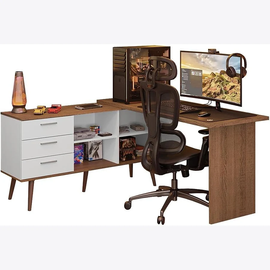 Madesa Lisboa mesa gamer em L acabamento branco e rustic com estrutura metálica cinza