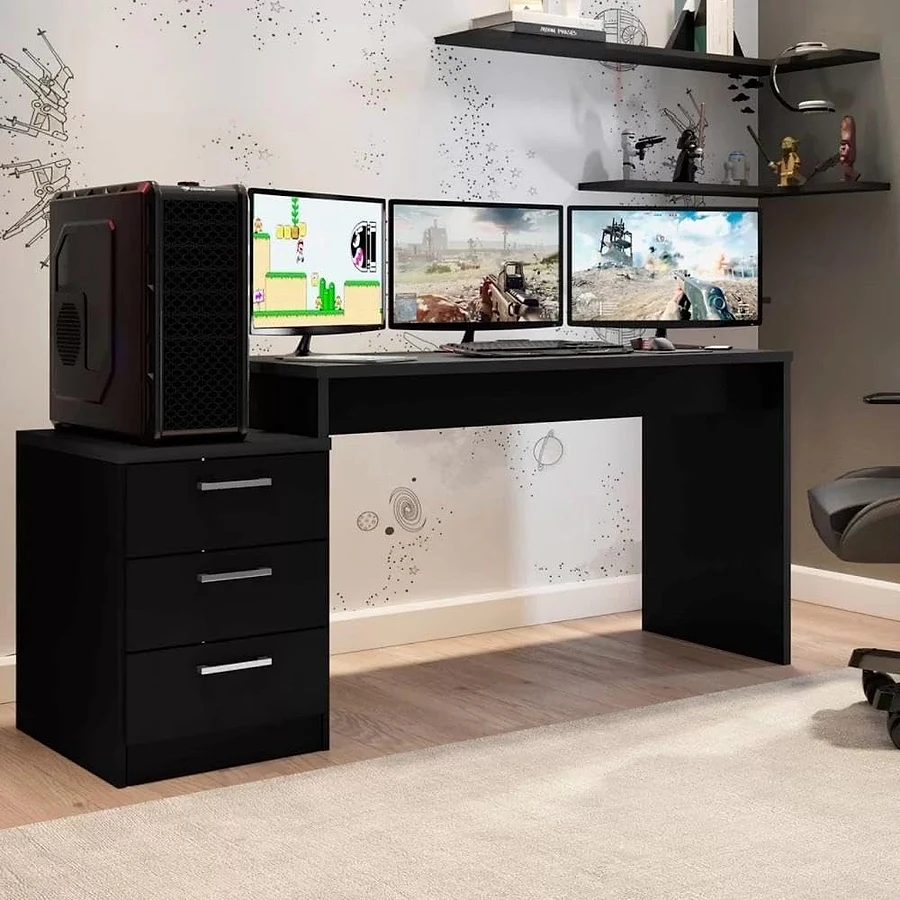 Mesa gamer Espresso Móveis DRX 6000 com prateleira elevada para monitor e suporte lateral para headset