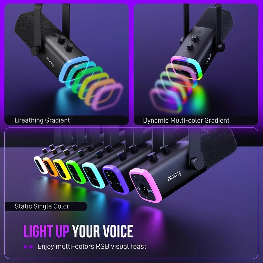 FIFINE AmpliGame AM8 microfone dinâmico USB e XLR com RGB e botão tap-to-mute