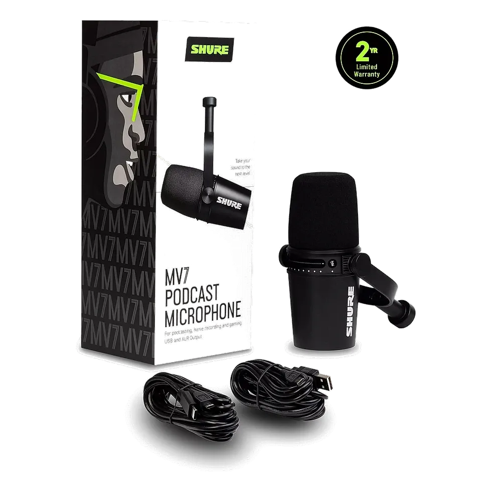 Shure MV7 microfone dinâmico USB e XLR cardioide para podcast com saída de monitoramento