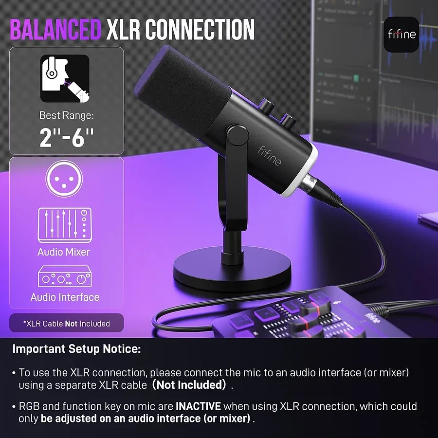 FIFINE AmpliGame AM8 microfone dinâmico USB e XLR com RGB e saída de fone para podcast