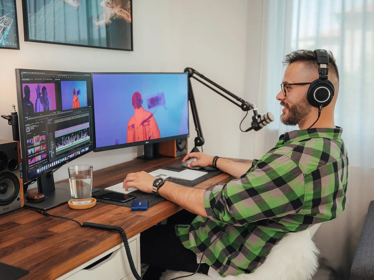 Melhores microfones para streaming 2026 Microfone condensador USB em mesa de streaming ao lado de iluminação e câmera de setup para live