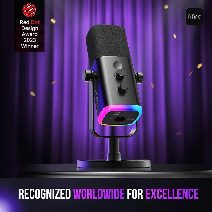 FIFINE AmpliGame AM8 microfone dinâmico USB e XLR com RGB e tap-to-mute para streaming