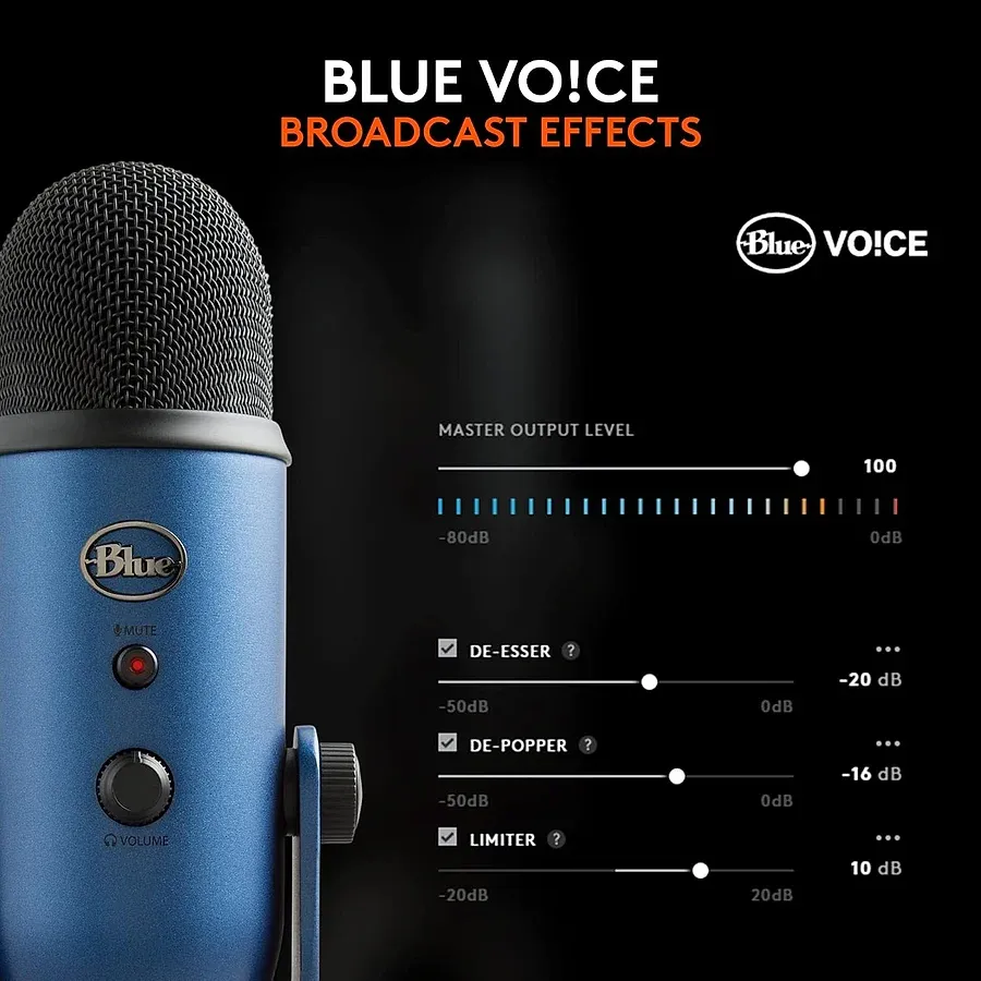Blue Yeti microfone USB condensador com três cápsulas e seletor de padrão polar