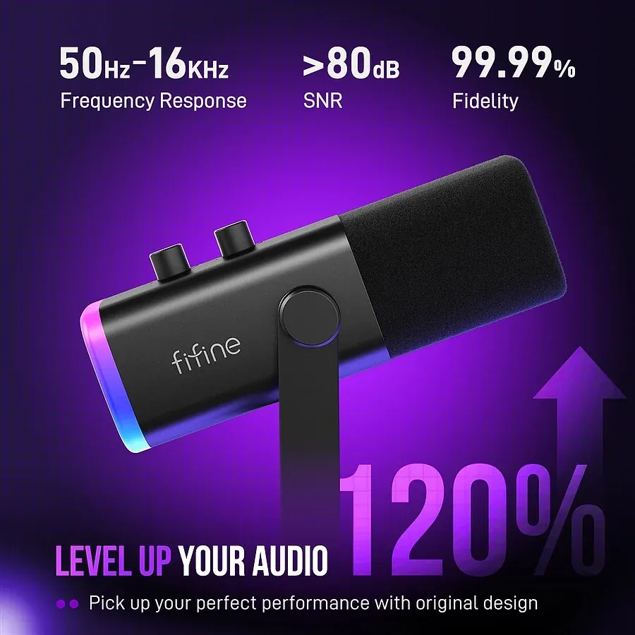 FIFINE AmpliGame AM8 microfone dinâmico USB e XLR com LED RGB e botão mudo tátil