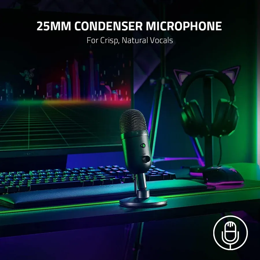 Razer Seiren V2 X microfone USB condensador cardioide com controle de ganho e clipe de streamer