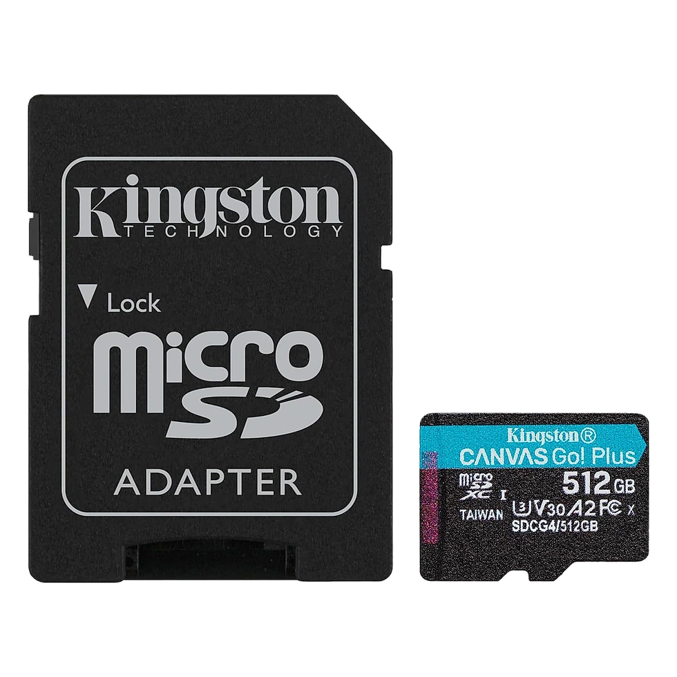Cartão microSD Kingston Canvas Go Plus de 512GB com adaptador SD ao lado