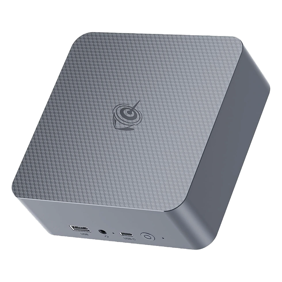 Beelink EQi com acabamento cinza-claro texturizado, USB-C e saída de fone na borda inferior