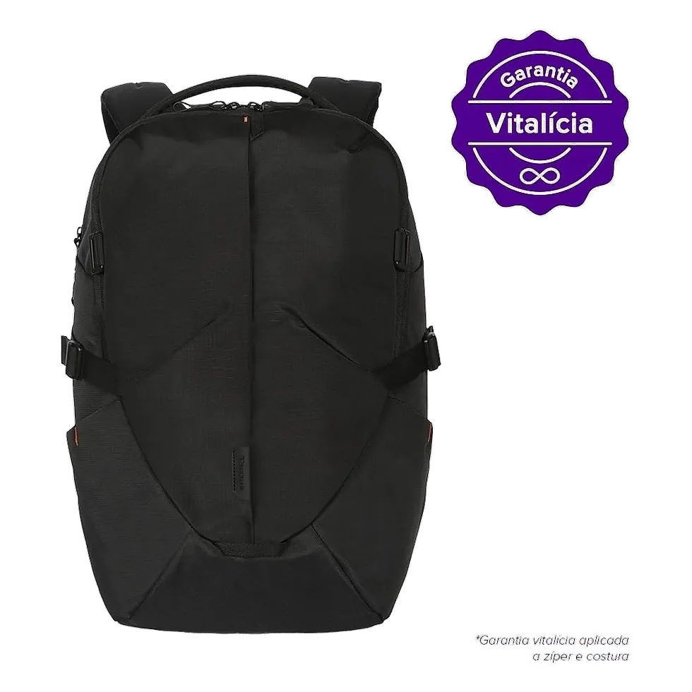 Mochila Targus Intellect TBB565 preta vista de frente com selo de garantia vitalícia