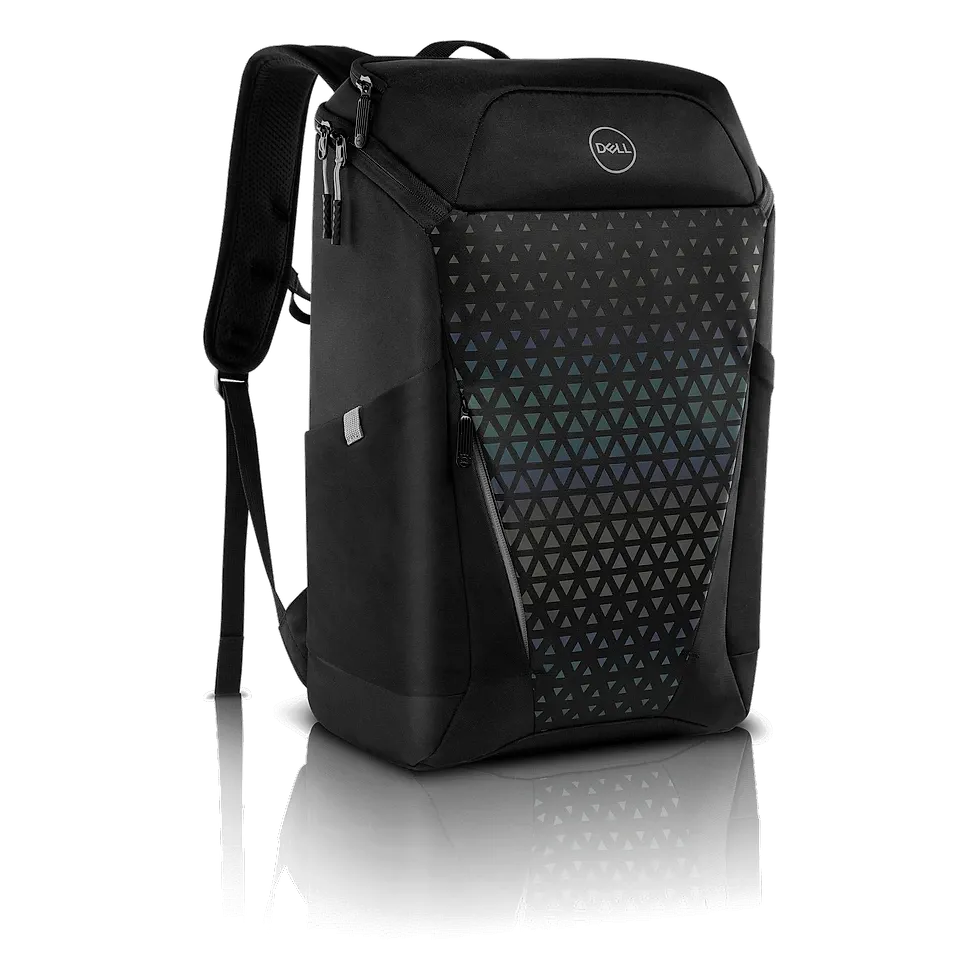 Mochila Dell Gaming 140T preta em ângulo lateral mostrando painel frontal reflexivo