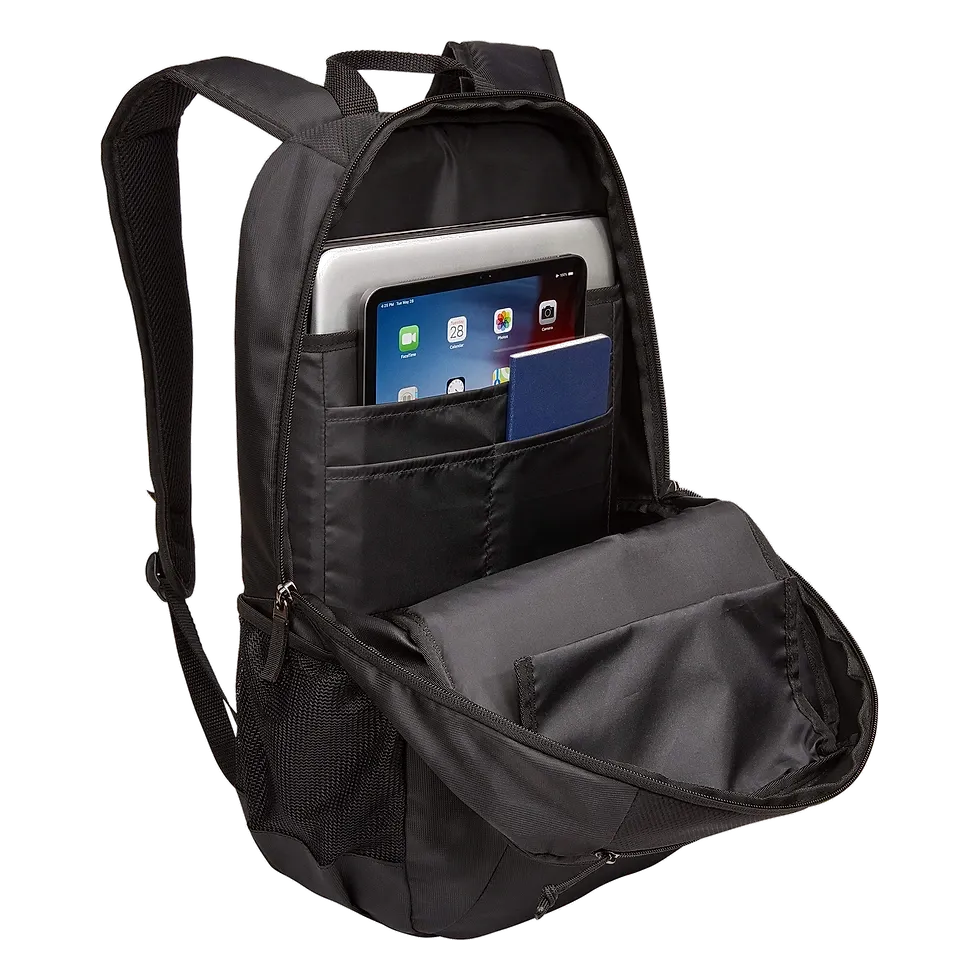 Mochila Case Logic Key aberta mostrando bolsos internos organizadores para notebook e tablet