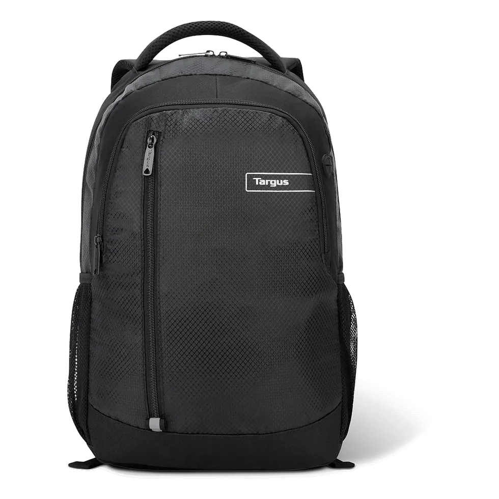 Mochila Targus City TSB89004 preta vista de frente com logotipo da marca no painel
