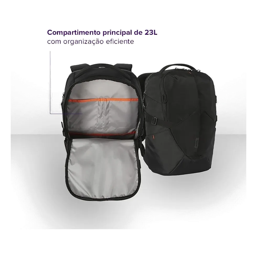 Mochila Targus Intellect TBB565 preta aberta mostrando compartimento principal de 16 litros