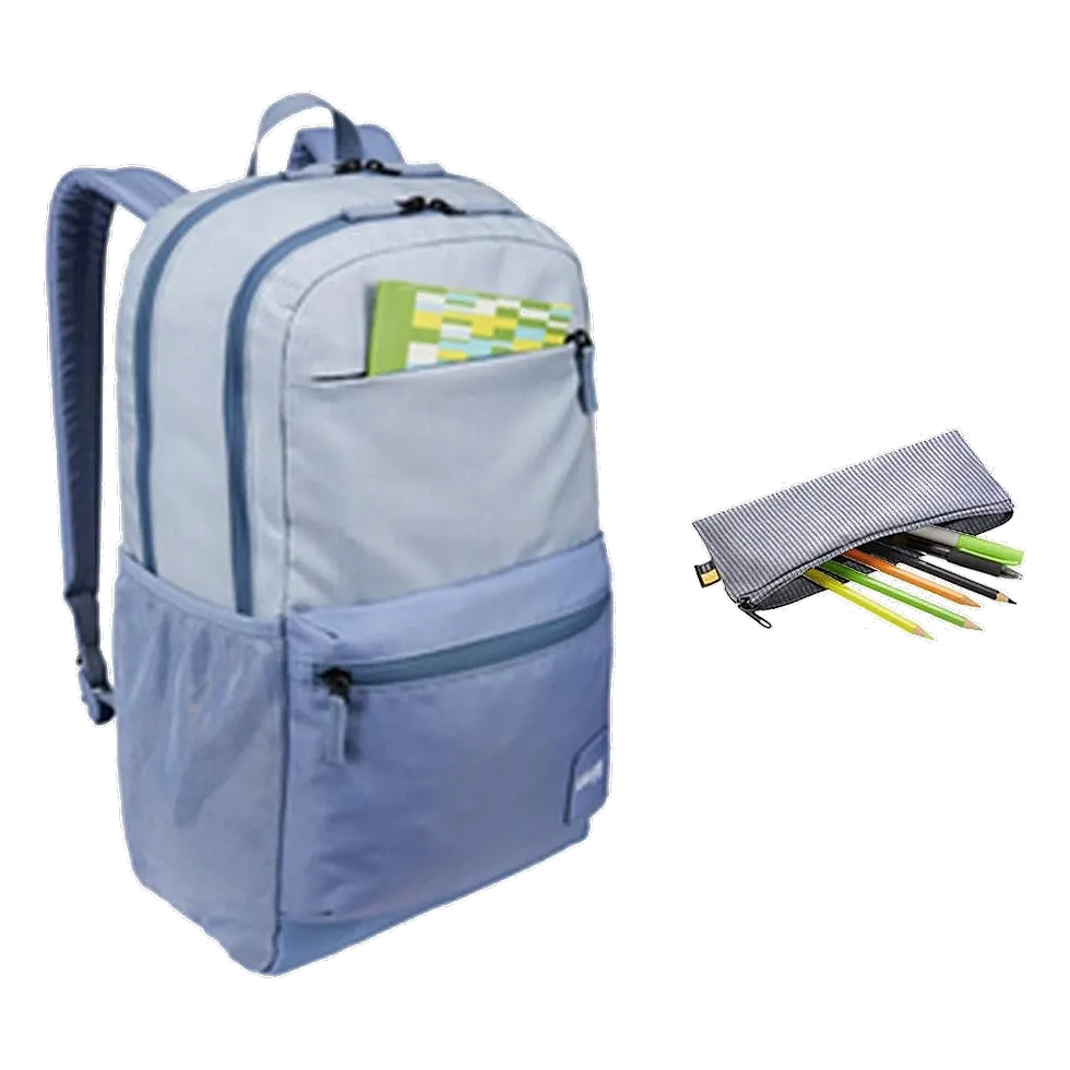 Mochila Case Logic Uplink azul-acinzentada ao lado de estojo organizador com canetas