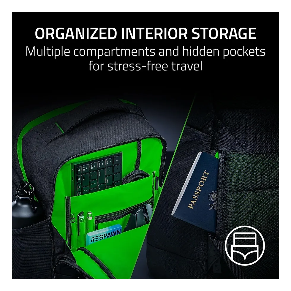 Compartimento interno verde da mochila Razer Rogue V4 com teclado e passaporte organizados