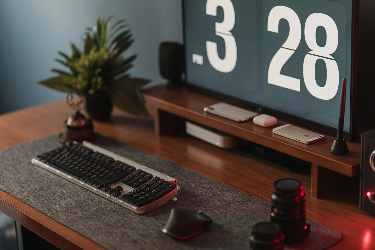 Setup gamer com monitor curvo 32 polegadas QHD em mesa ampla com cadeira gamer ao fundo