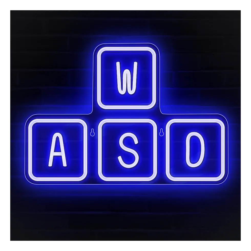 Placa neon LED com as teclas WASD iluminadas em azul para decoração gamer