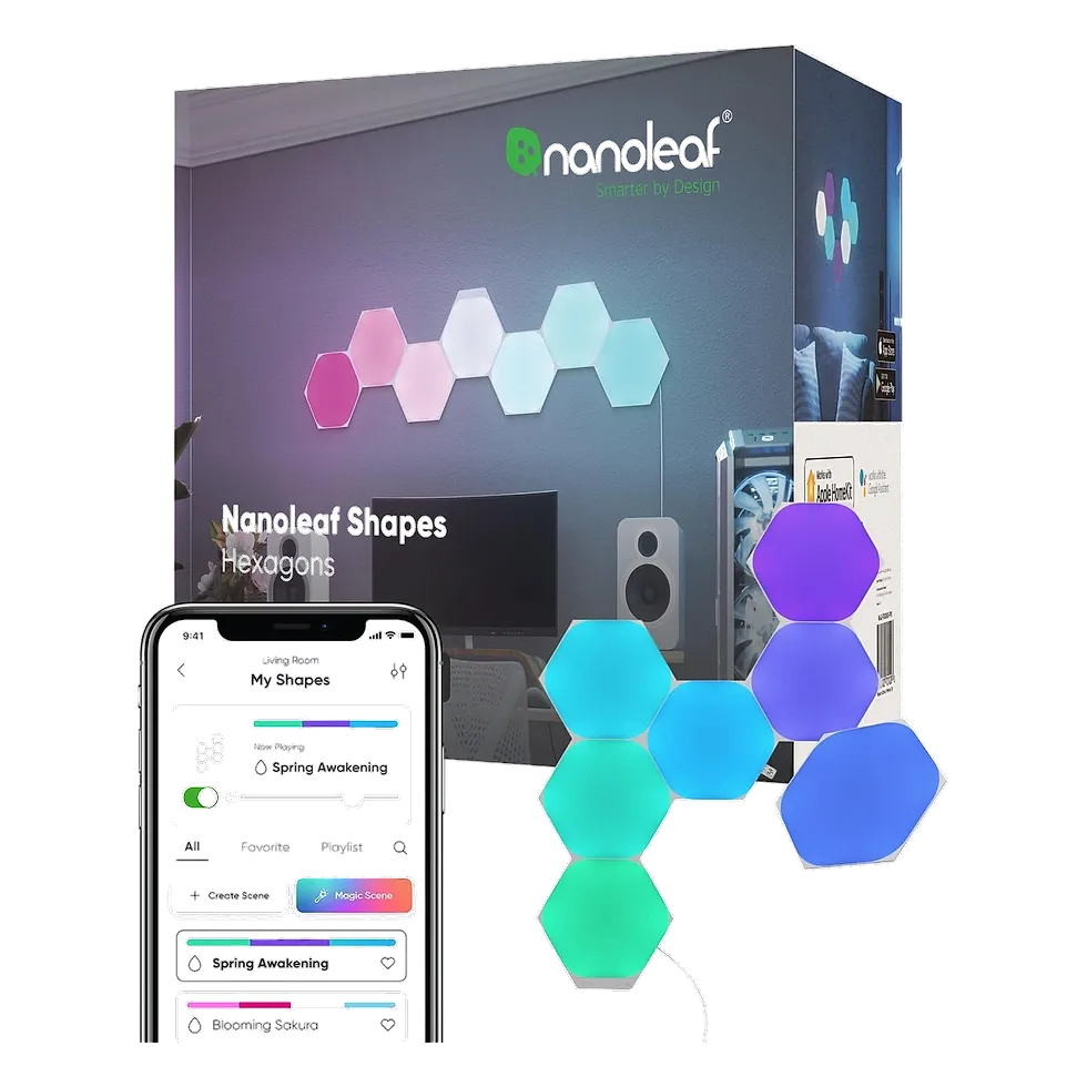 Nanoleaf Shapes Hexagons Smarter Kit com painéis hexagonais conectados formando mosaico